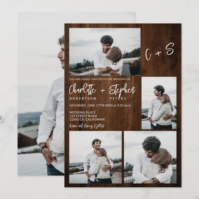 Invitación Iniciales casuales de madera rústica 5 bodas de fo (Anverso / Reverso)