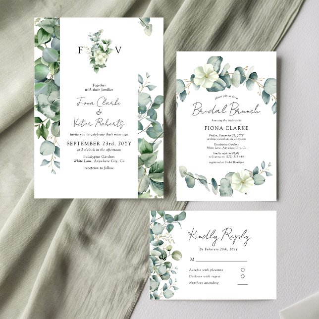 Invitación Iníciales de boda elegantes de eucalipto verde (Subido por el creador)
