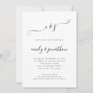 Invitación Iniciales de Código QR de Boda en Letra Script Ele