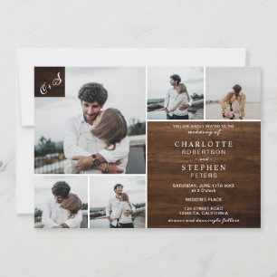 Invitación Iniciales de madera marrón rústica 6 boda de fotos