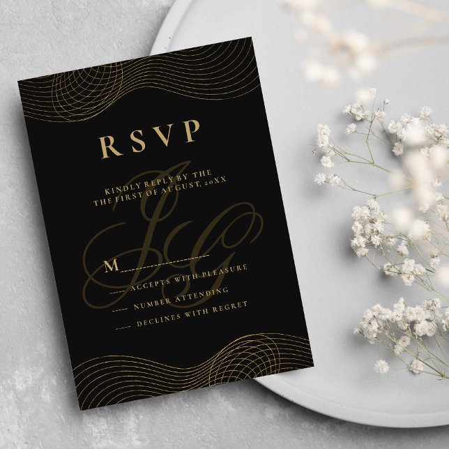 Invitación Iniciales de monograma de oro negro geométrico RSV (Geometric black gold monogram initials RSVP)