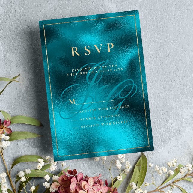 Invitación Iniciales de monograma metálico turquesa RSVP (Turquoise metallic monogram initials RSVP)