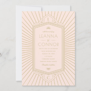 Invitación Iniciales de Rayos Dorados Rosa Arte Deco Boda