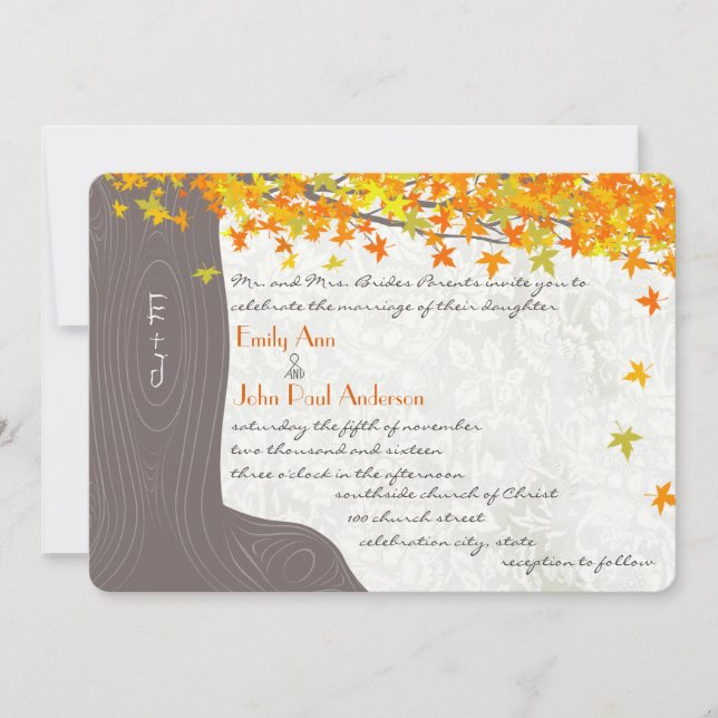 Invitación Iniciales Del Árbol Caído En Hojas Del Naranja Ama (Anverso)