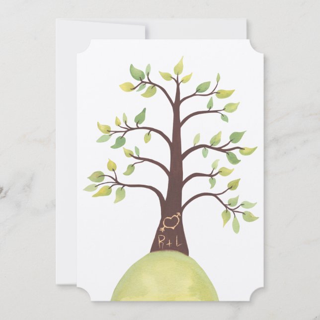 Invitación Iniciales del árbol de acuarela boda talladas en t (Anverso)