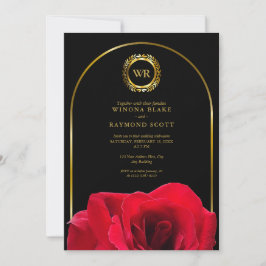 Invitación Iniciales elegantes de los Laurel de Oro Negro y R