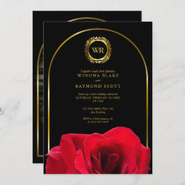 Invitación Iniciales elegantes de los Laurel de Oro Negro y R