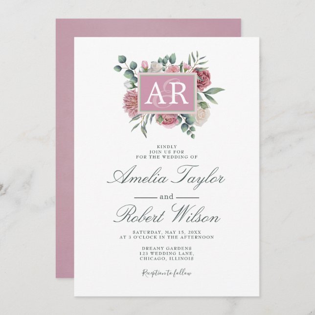Invitación Iniciales florales Rosas y polvorientos del país (Anverso / Reverso)
