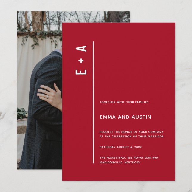 Invitación Iniciales mínimas modernas Boda rojo negrita (Anverso / Reverso)