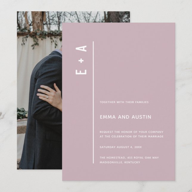 Invitación Iniciales Mínimas Modernas Pastel Boda Púrpura (Anverso / Reverso)