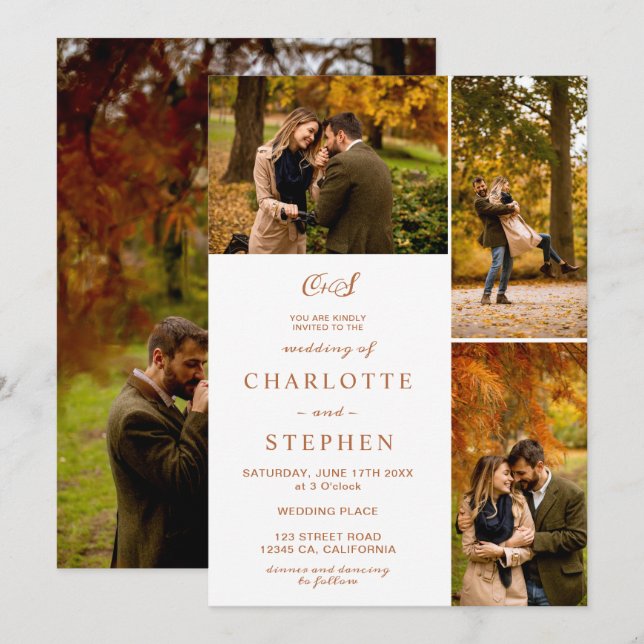 Invitación Iniciales modernas de terracota 4 fotos boda de cu (Anverso / Reverso)