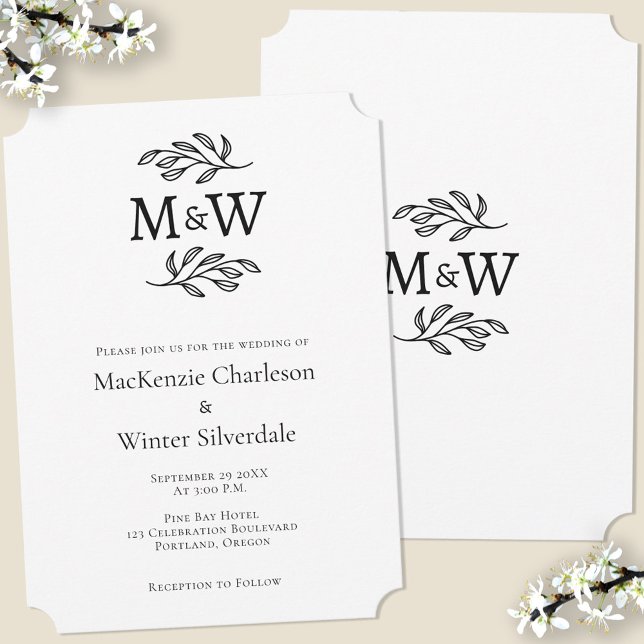 Invitación Iniciales monogramas simples de pareja boda Minima (Wedding couple monogram initials botanical leaf sprig minimalist wedding invitation)