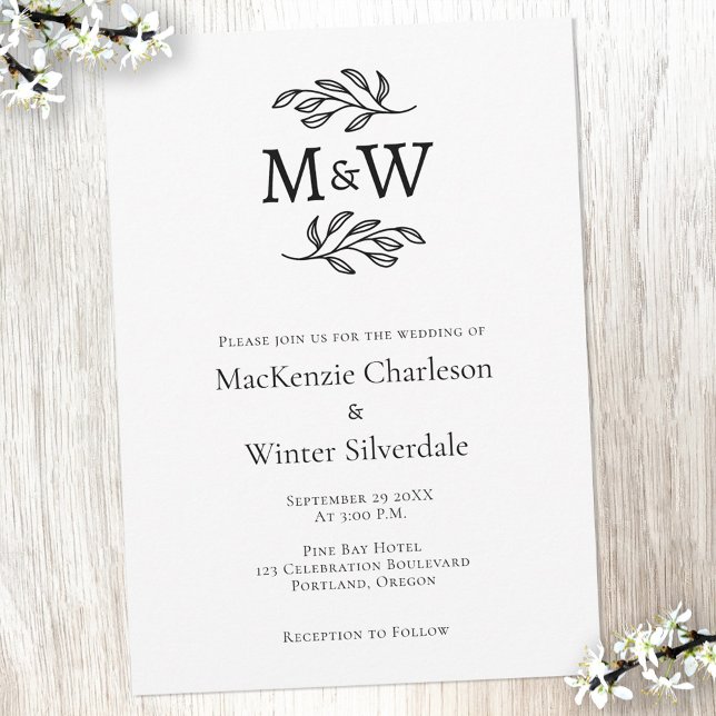 Invitación Iniciales monogramas simples de pareja boda Minima (Wedding couple monogram initials simple elegant botanical wedding invitation)