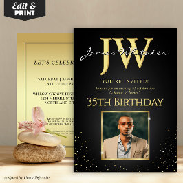 Invitación Iniciales personalizados Elegante Oro Negro 35 cum