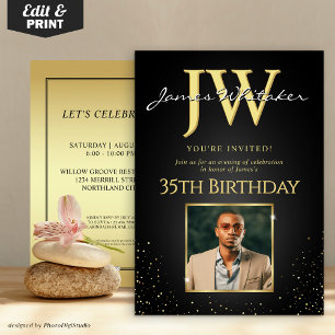 Invitación Iniciales personalizados Elegante Oro Negro 35 cum