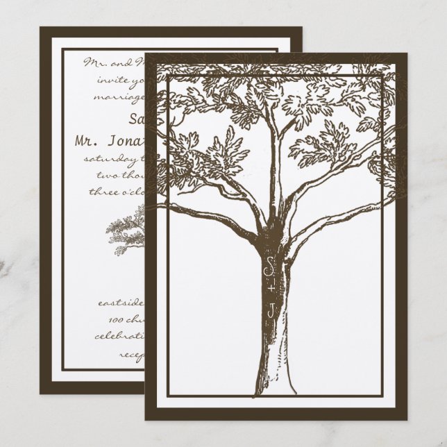 Invitación Iniciales románticas de árbol de amor en Boda tron (Anverso / Reverso)