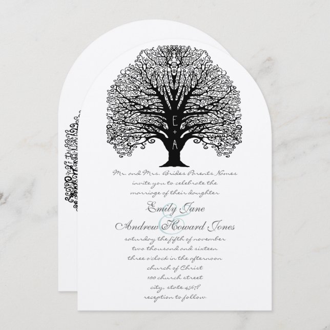 Invitación Iniciales Románticas En El Boda Del Árbol De Swirl (Anverso / Reverso)