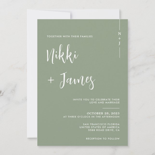 Invitación Iniciales simples Script Sage Green Photo Boda (Reverso)
