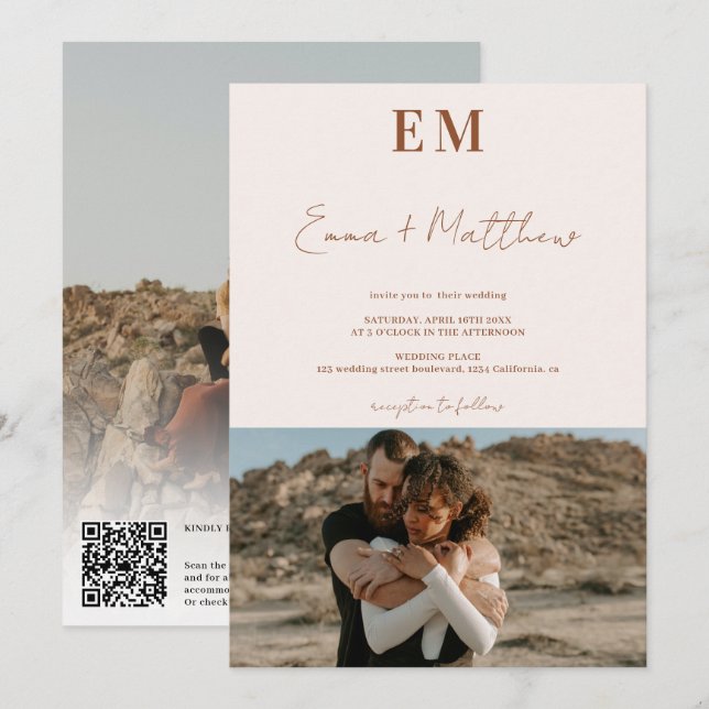 Invitación Iniciales terracota beige 2 fotos qr boda (Anverso / Reverso)