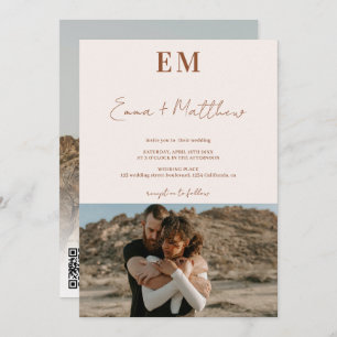 Invitación Iniciales terracota beige 2 fotos qr boda