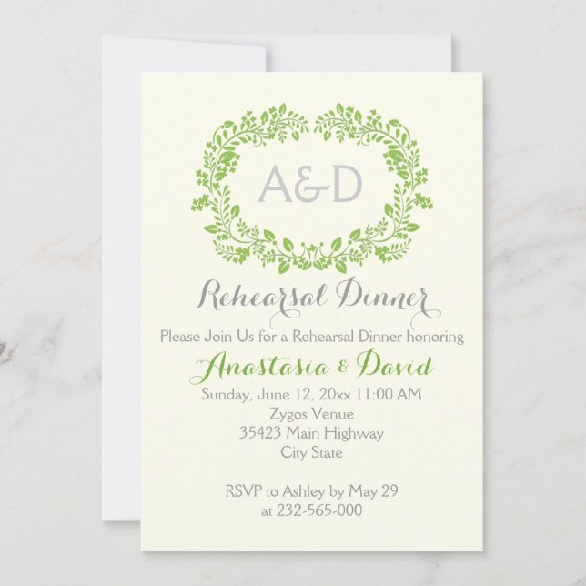 Invitación Iniciales verdes del follaje boda de la cena de en (Anverso)