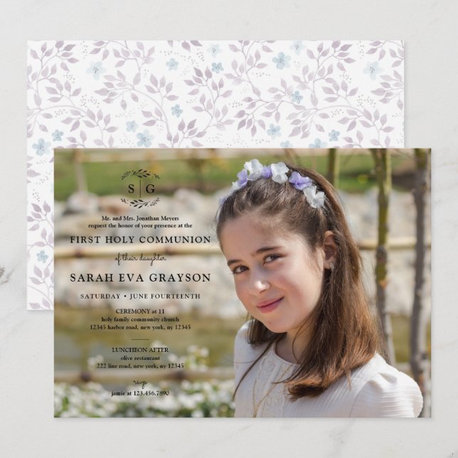 Invitación Iniciales wreathed - Comunión sagrada de la primer (Anverso / Reverso)