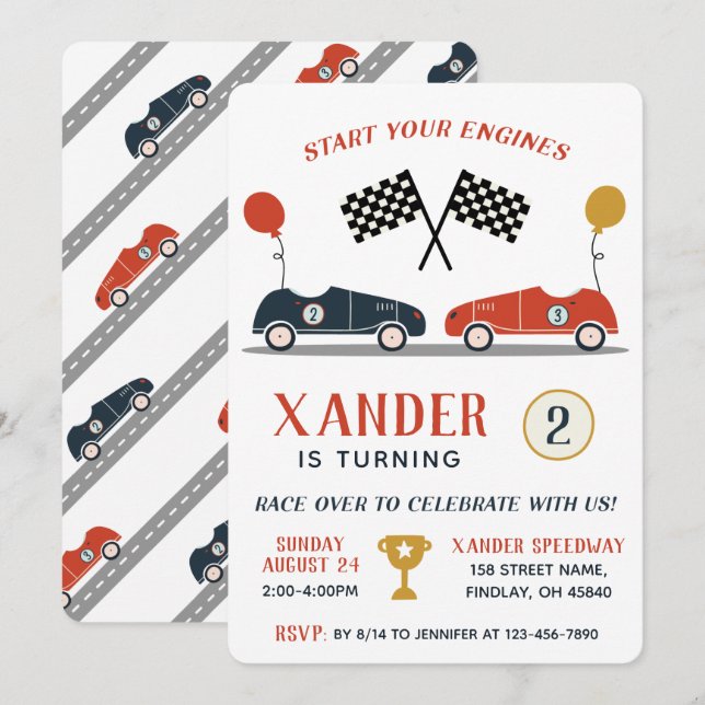 Invitación Iniciar tu fiesta de cumpleaños de coche de carrer (Anverso / Reverso)