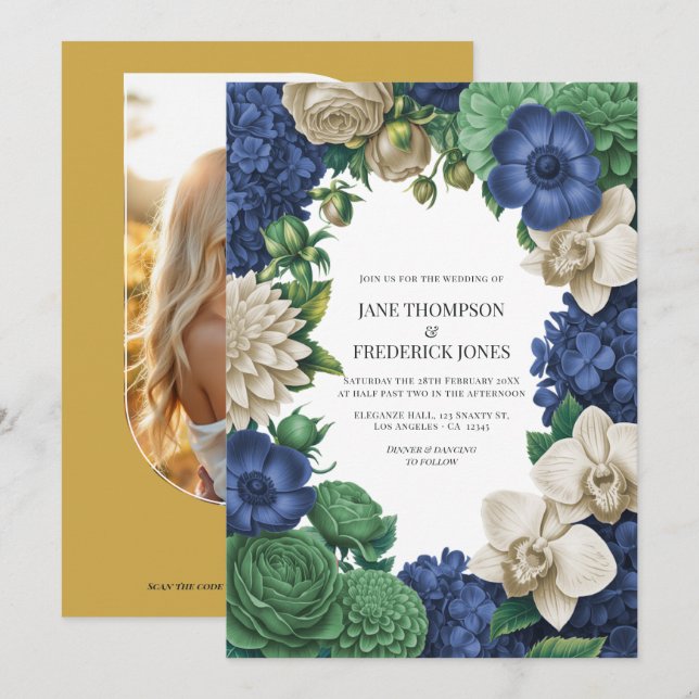 Invitación Ink Blue, Slate Green & Winter Sand Wedding (Anverso / Reverso)