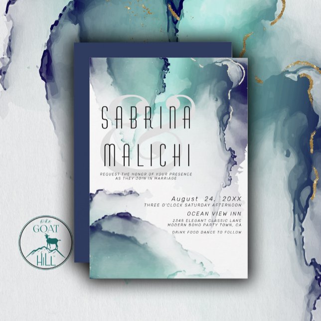 Invitación Inmensa tinta de fluido moderna azul de jade y mar (Subido por el creador)