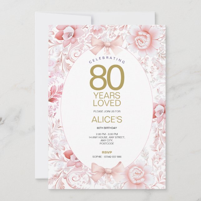 Invitación Inodoro Floral Rosa y Dorado Cumpleaños 80 (Anverso)