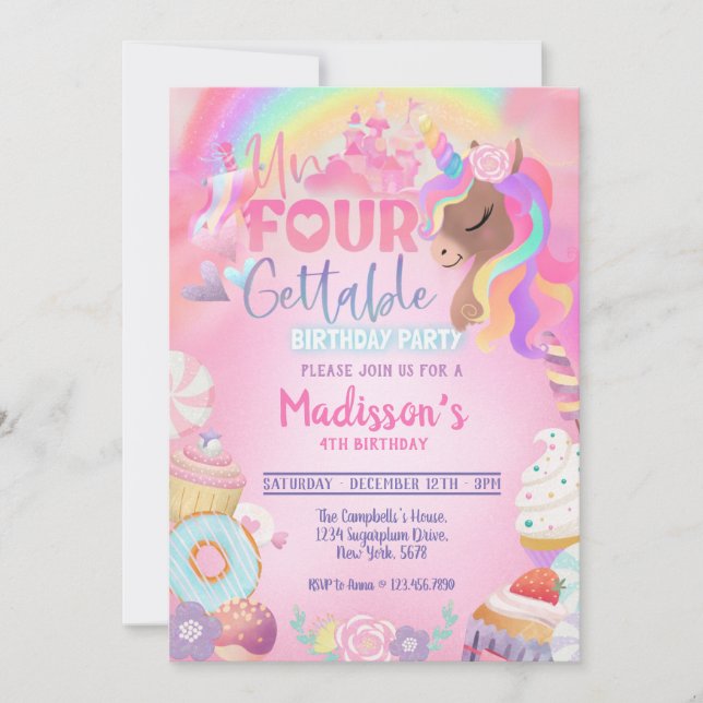 Invitación Inolvidable Chica de unicornio dulce (Anverso)
