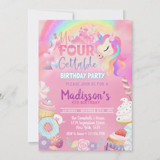 Invitación Inolvidable Unicornio Donut Dulce Cuarto Cumpleaño (Anverso)