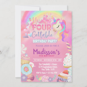 Invitación Inolvidable Unicornio Donut Dulce Cuarto Cumpleaño