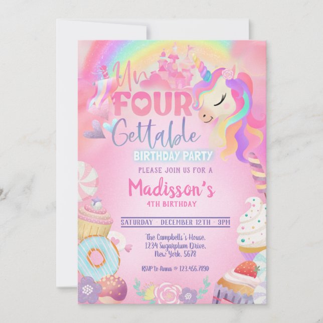 Invitación Inolvidable Unicornio Donut Dulce Cuarto Cumpleaño (Anverso)