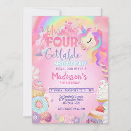 Invitación Inolvidable Unicornio Donut Dulce Cuarto Cumpleaño