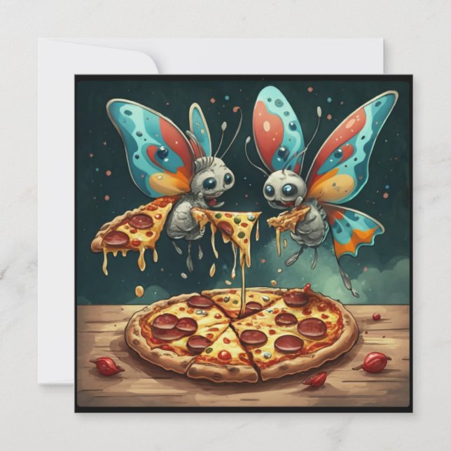 Invitación Insectos divertidos y lindos comiendo una pizza id (Anverso)