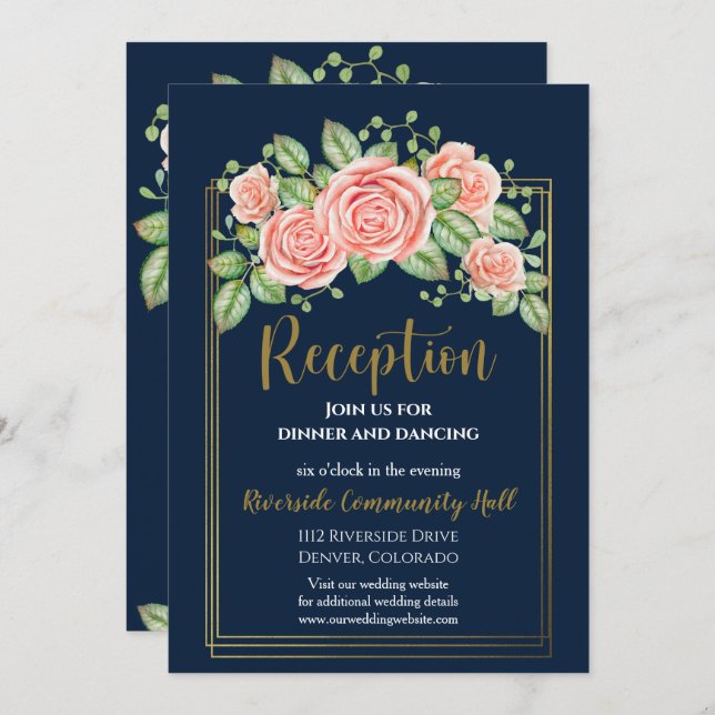 Invitación Inserción de recepción floral Rubor con dorado azu (Anverso / Reverso)