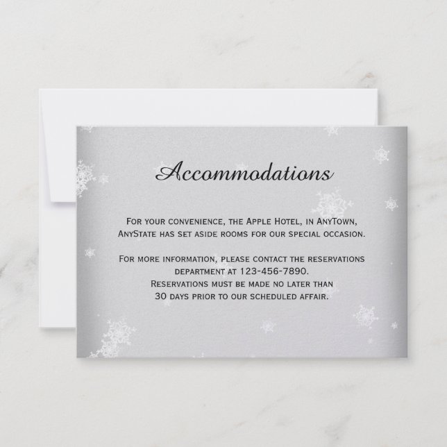 Invitación Insertar Boda de copos de nieve blanco y plateado (Anverso)