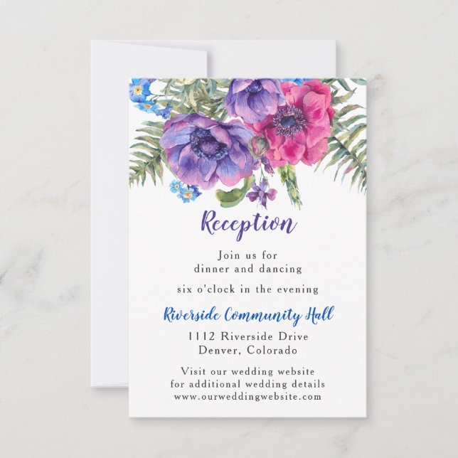 Invitación Inserto de recepción de boda floral de anémona (Anverso)