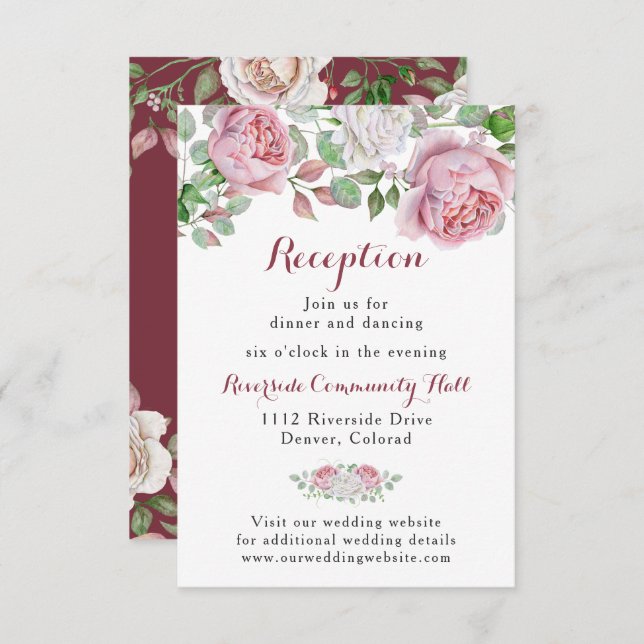 Invitación Inserto de recepción de boda floral rosa de Borgoñ (Anverso / Reverso)