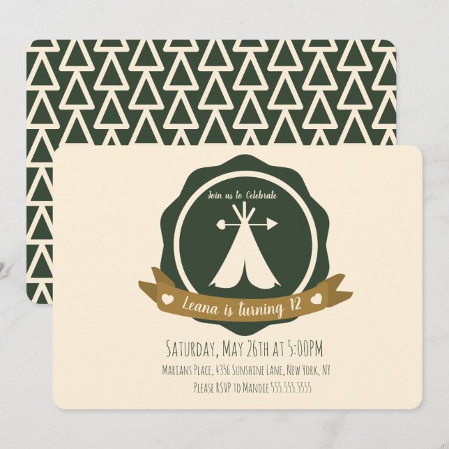 Invitación Insígnia de Teepee para Fiesta de Cumpleaños de Ca (Anverso / Reverso)