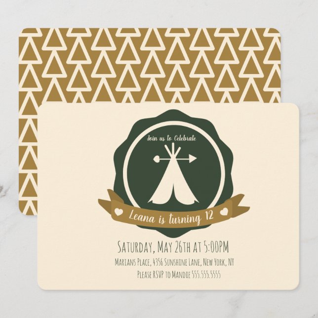 Invitación Insígnia de tipi para fiesta de cumpleaños de camp (Anverso / Reverso)