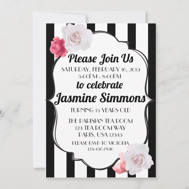 Invitación Inspirado en Paris negro y blanco Flor de Rosa (Anverso)