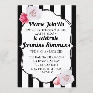 Invitación Inspirado en Paris negro y blanco Flor de Rosa