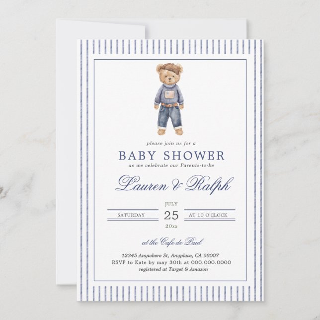 Invitación Inspired Blue Teddy Bear Baby Shower (Anverso)