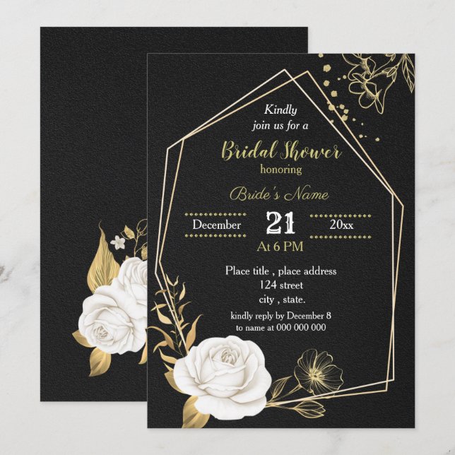 Invitación instigador de la ducha de novia blanca y dorada (Anverso / Reverso)