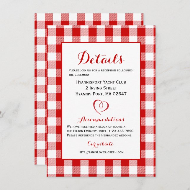Invitación Instrucciones de detalles rusos Gingham Red White  (Anverso / Reverso)