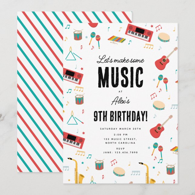Invitación Instrumentos Musicales Tema Musical Fiesta de Cump (Anverso / Reverso)