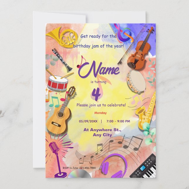Invitación Instrumentos musicales tema niños B-day (Anverso)