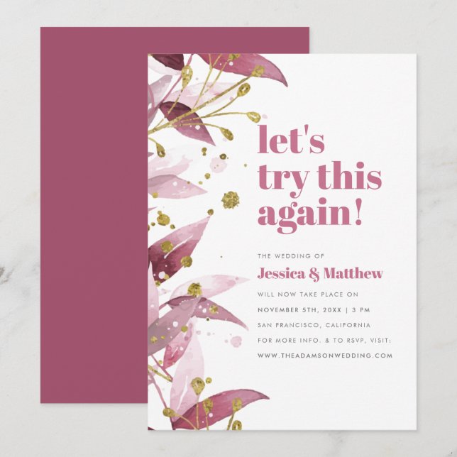Invitación Intentemos esto de nuevo el cambio de Boda morado  (Anverso / Reverso)